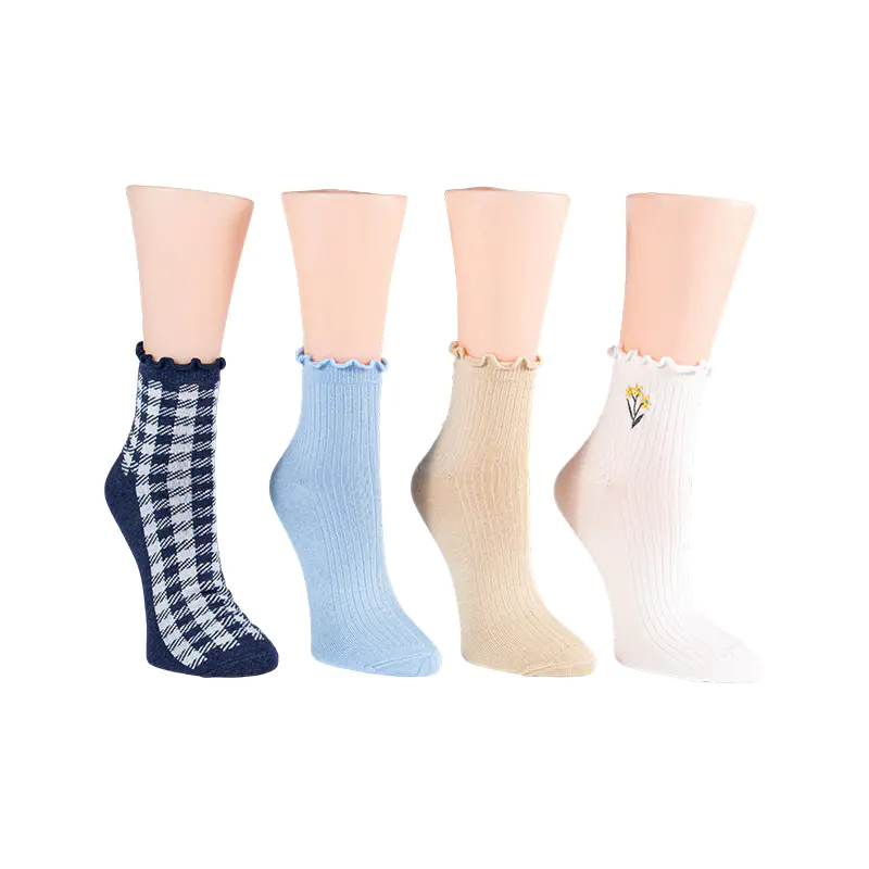 Rebro s vyšívaným kvetom/ Ginghamlettuce Welt Anklet 4ppk Ponožky